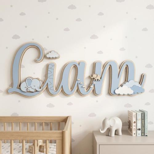Personalized Elephant Cloud Name Sign, Custom Blue Nursery Decor, 3D Wooden Elephant Wall Art, Baby Boy Room Plaque, Dreamy Newborn Gift