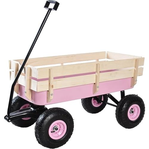 ZeHuoGe Outdoor Sport Pink Wagon All Terrain Pulling w/Removable Wooden Side Panels Air Tires Big Foot Panel Wagon, Pull-Along Wagons (Pink)