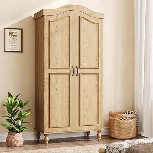 Arched Armoire Wardrobe Closet with 2 Doors, 71" H Wooden Wardrobe Cabinet with Hanging Rod and Shelves, Freestanding Armoire Storage Cabinet for Bedroom, Cloak Room, Natural