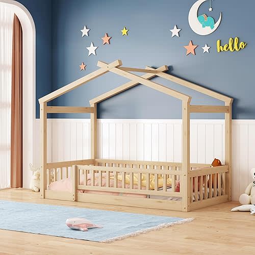 Merax Twin Size Wooden House Bed with Fence, Wood Bed Frame with Roof and Safety Guardrail for Kids, Teens, Boys or Girls, Natural
