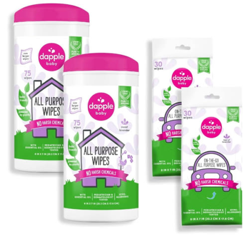 Dapple Baby All Purpose Wipes, Plant Powered, Hint of Lavender, Hypoallergenic, 75 Count Canister (Pack of 2) + 30 Count (Pack of 2)