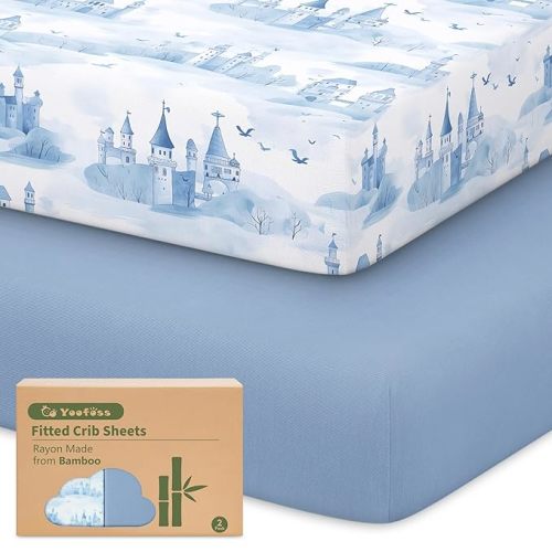 Yoofoss Pack and Play Sheets Fitted Viscose Derived from Bamboo, 2 Pack Mini Crib Sheet for Pack N Play Mattress, Soft and Breathable Playard Sheets for Boys Girls, 38x26in