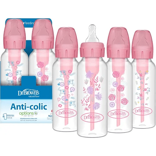 Dr. Brown's Natural Flow Anti-Colic Options+ Narrow Baby Bottle, Pink Floral, 8 oz/250 mL, with Level 1 Slow Flow Nipples, 0m+, 4 Pack