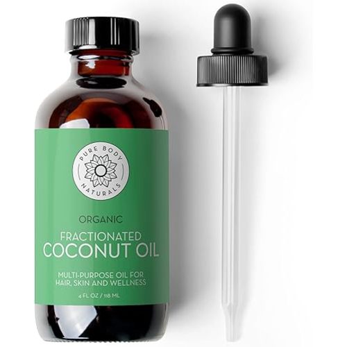 Pure Body Naturals Organic Fractionated Coconut Oil for Skin and Hair, 4 fl oz - Liquid Carrier Oil for Diluting Essential Oils, Hair Growth & Skin Moisturizer