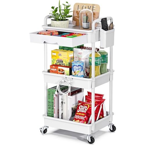 Rolling Utility Cart with Drawer 3 Tier, Utility Storage Organizer with Plastic Shelf & Lockable Wheels Multifunctional Storage Cart for Kitchen, Bathroom, Office, Living Room, White