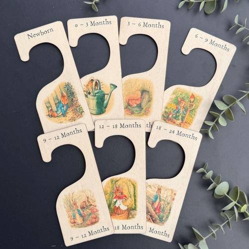 7 Peter Rabbit Nursery Hangers, Wooden Baby Clothes Dividers Colour Printed, New Born Gift, Baby Shower Keepsake, Wood Baby Keepsake