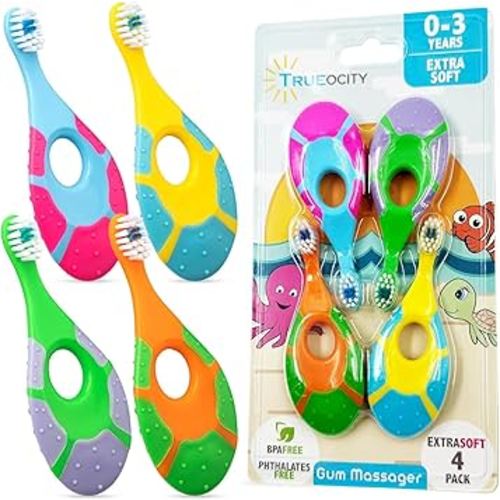Baby Toothbrush 12 months and up - Toddler Toothbrush - Soft Bristles - Child Sized Brush Heads - infant toothbrush - Kids Tooth Brush - Easy Storage - Unisex Girl & Boy Set (4-Pack, Multi-Color)