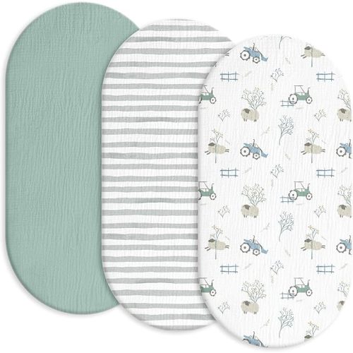 Gllquen Baby Muslin Bassinet Sheets 3 Pack, Breathable Elastic Cozy Fitted Cotton Bassinet Mattress Sheet for Baby Boy Girls, Fit for Hourglass Oval Rectangular Cradle Pad Sheets 33"x17" (Car)
