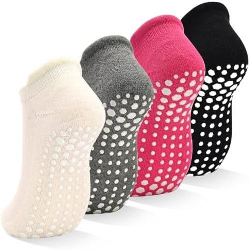 SkiBeaut Grips Non Slip Socks for Women, 4 Pairs Yoga Pilates Anti Skid Woman Hospital Gripper Socks (5-12)