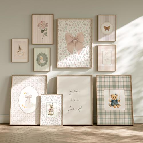 Cottagecore Nursery Wall Art Set, 24 Farmhouse Prints, Baby Girl Room Floral Pastel Decor