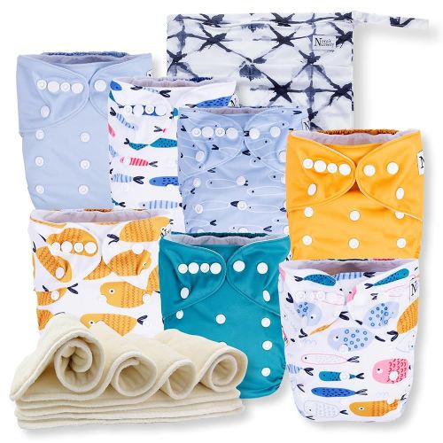 Nora's Nursery Cloth Diapers 7 Pack with 7 Inserts & 1 Wet Bag - Waterproof Cover, Washable, Reusable & One Size Adjustable Pocket Diapers for Newborns and Toddlers - Reel Me in