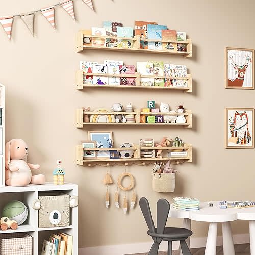 34Inch Nursery Bookshelves,Set of 4,Wall Floating Shelf Kids Coat Rack with 6Hooks,Hanging Book Shelf for Baby Nursery Room Décor, Patent Number: 29958098(Burlywood, 34)