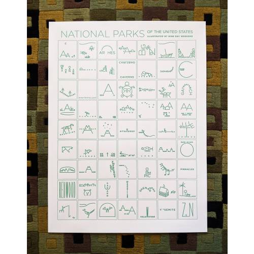 National Park letterpress poster - original illustrations of 63 parks: incl. Yosemite, Yellowstone, Arches, Grand Teton, Zion, Acadia