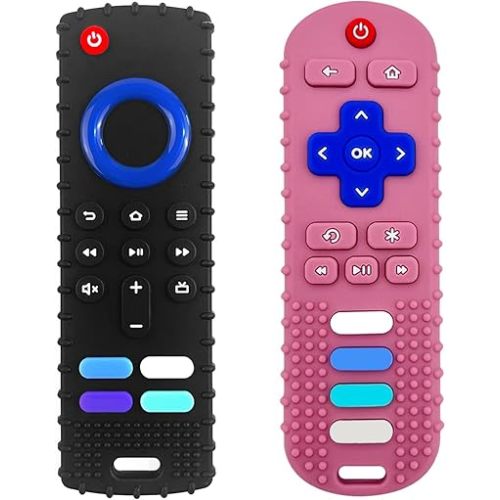 2-Pack Silicone Baby Teething Toys, Fire TV Remote Teethers for 6-12-18 Months Infant, Fire Remote Shape Toddlers Silicone Teethers for Boys and Girls Sensory Toy