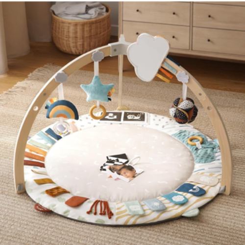 Blissful Diary Baby Play Gym & Activity Mat, 5 Developmental Zones Wooden Tummy Time Mat with 6 Detachable Sensory Toys for Motor Skills & Sensory Development, Baby Essentials Shower Gift