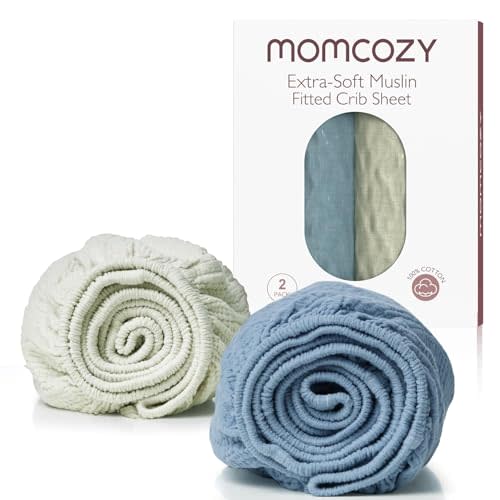 Momcozy Muslin Standard Fitted Crib Sheets, 52"x28", 2 Pack Soft Breathable Natural Cotton Baby Mattress Sheet, 360° Mattress Wrapping No Slip Boys Girls Neutral Toddler Bed Sheet, Sky Realm Blue Grey