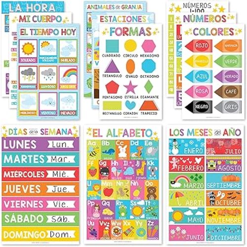 12 Colorful Spanish Educational Posters For Toddlers Spanish Posters For Classroom - Spanish Preschool Posters In Spanish Classroom Decorations, Classroom Decor Spanish Alphabet For Classroom Wall
