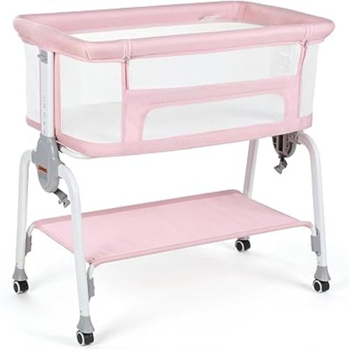 Cowiewie Bassinet Bedside Sleeper, Breathable Baby Bedside Bassinet and Mattress, Lightweight and Portable for Bedside Sleeping (Pink)