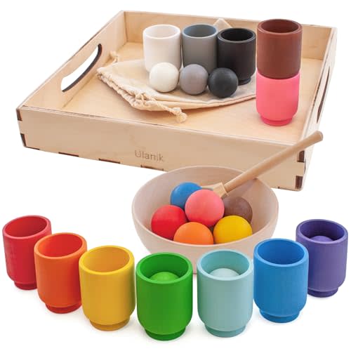 Ulanik Balls in Cups Toddler Montessori Toys for 1 Year Old + Kids Preschool Wooden Matching Games for Learning Color Sorting and Counting