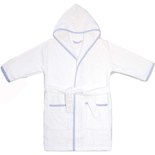 MAURA Prince George Style Kids Bathrobe. Luxury Kids Hooded Bathrobe White and Blue Checkered Binding For Toddlers