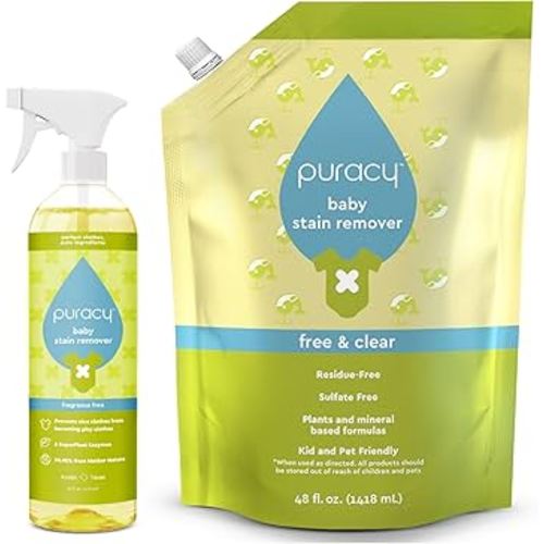 Puracy Natural Baby Stain Remover Bundle - Enzyme-Powered Stain and Odor Eliminator, Fragrance Free Cleaning Spray, Non-Toxic Clothes Stain Remover Spray, 16oz Bottle & 48oz Refill Set