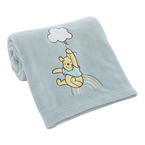 Disney Winnie The Pooh Hello Sunshine Aqua Super Soft Baby Blanket with Multi Colored Rainbow and Cloud Applique