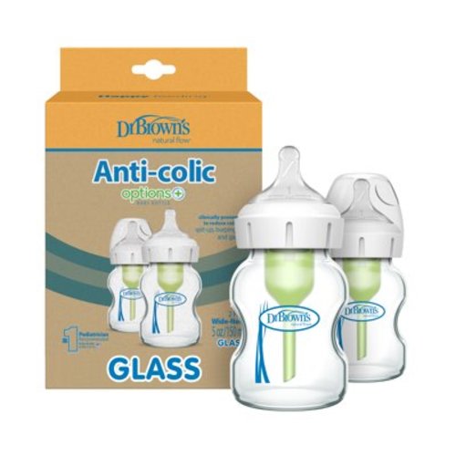 Dr. Brown's Anti-Colic Options+ Wide-Neck Glass Baby Bottle, 5oz/150ml, Slow Flow Nipple, BPA Free, 0m+, 2 Pack