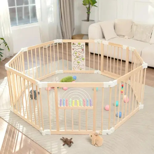 Foldable Wooden Baby Playpen Activity Center,Adjustable Size & Shape Portable Play Yard, Baby Fence Play Area with Gate for Indoor Use for Babies and Toddlers(56x56x24inches)