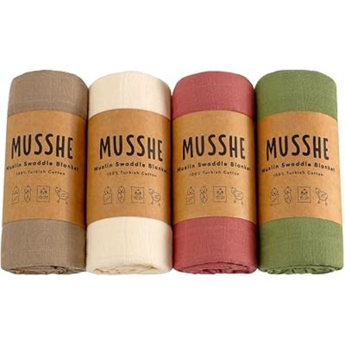 Muslin Swaddle Blankets - 4 Pack, 100% Organic Turkish Cotton Baby Blankets, Soft & Breathable Newborn Swaddles, Baby Wrap for Boys & Girls, Ideal for Sensitive Skin (4 Pcs, 40x40 Inch)