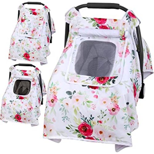Baby Car Seat Cover, Infant Carseat Canopy with 3 Layers Windows, Breathable Mesh Peep Window, Kick-Proof Carrier Cover for Boys Girls, Windproof Stroller Cover Shower Gift for Newborn (Flower)