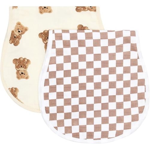 LifeTree Muslin Baby Burp Cloths - 2 Pack 70% Viscose from Bamboo and 30% Cotton Large 22'' by 10'' Absorbent Milk Spit Up Rags - Burping Cloths for Newborn, Girls Boys, Bear and Checkered - Bearcheckered