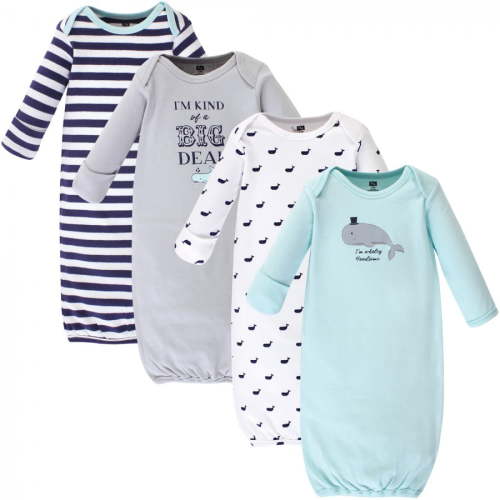 Hudson Baby Infant Boy Cotton Long-Sleeve Gowns 4pk, Handsome Whale, 0-6 Months