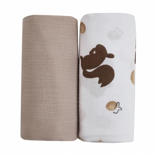 QSTEHEML Neutral Cotton Soft Muslin Swaddle Blankets,2 Pack of 47 * 47 Inch Large Muslin Blankets,Muslin Baby Blanket for Newborn Cribs(belge,Squirrel)