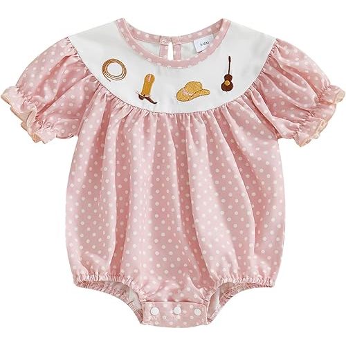 Chloefairy Newborn Baby Girl Western Clothes Smocked Bubble Romper Short Sleeve Dots Bodysuit Infant Summer Cowgirl Outfit