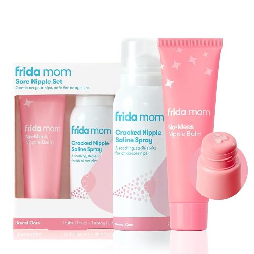 Frida Mom Nipple Cream and Saline Spray Set, Breastfeeding Essentials for New Moms, Cracked Nipple Saline Spray and No-Mess Cream, 2pc Set