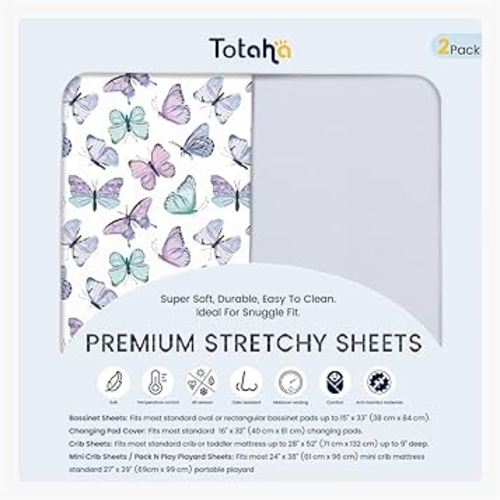 TotAha Premium Soft Pack n Play Sheets, Super Stretchy Jersey Knit Mini Crib Sheets Fitted, Silky Comfort Graco Pack and Play Mattress Sheets 2-Pack, Purple Butterfly