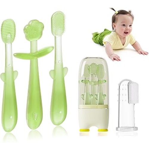 FOKiiBO Baby Silicone Toothbrush Set, Toothbrush + Tongue Brush + Toothbrush + Finger Toothbrush with Cup for Training Teething, 0-18M Infant Toddler Newborn Baby Teeth Brushes