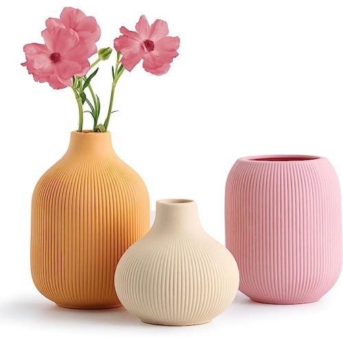 Ceramic Vase for Decor,Small Boho Vases Set for Home Decor,Modern Minimalist Farmhouse Decor,Decorative Bud Vases for Shelf Decor,Table, Bookshelf, Mantel and Entryway(Pink+Light Yellow+Orange) - Pink+orange+beige