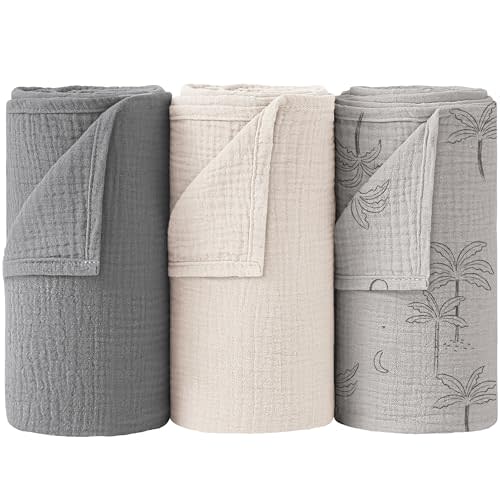 Bearmoss Muslin Swaddle Blankets 100% Cotton Large Baby Swaddle Blankets 47x47in, Super Soft Breathable Receiving Blankets for Unisex Baby Boys Girls (Grey Coconut Tree)
