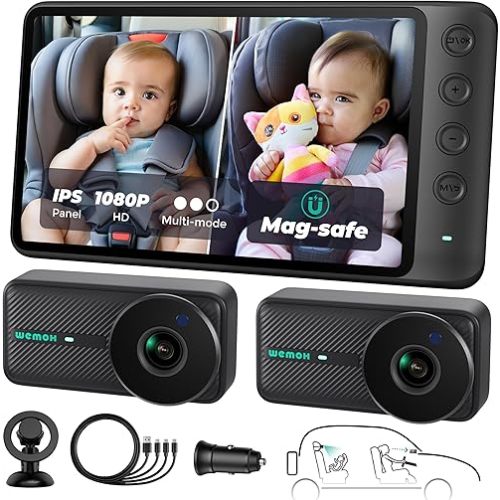 Magnetic Dual Baby Car Camera for Two Kids, 1080P IPS Display with Magnetic Mount, 3 Modes(Zoom/Mirror/Split), Automatic Night Vision, USB-Powered Car Camera for Baby Rear Facing (2 Cams)