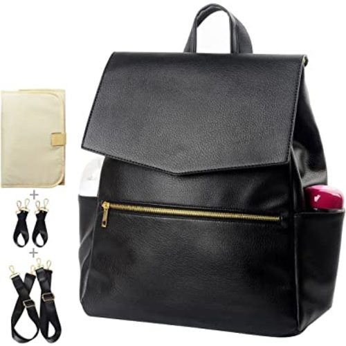 KZNI Leather Diaper Bag Backpack, Diaper Backpack Nappy Baby Bags for Mom Unisex Maternity Diaper Bag with Stroller Hanger