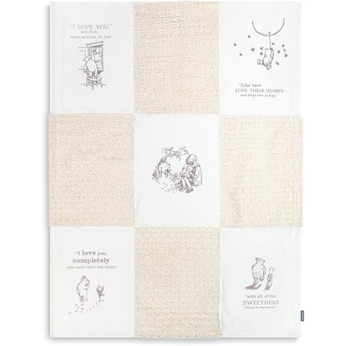 DEMDACO Pooh Classic Yellow Bear, 30 x 40 Inch, Soft Polyester, Plush, Snuggable, Receiving, Nursey, Blanket, Blankie, Tan and White, All The Sweetness