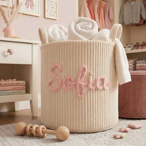 Personalized Corduroy Baby Laundry Basket, Custom Yarn Name Toy Bin, Nursery Decor Hamper