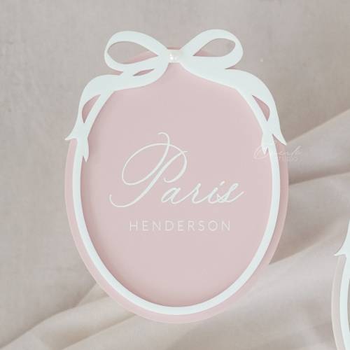 Oval Ribbon Bow Baby Name Sign, Baby Announcement Sign, Newborn Arrival Photo Prop, Pearl Coquette Sign, for Baby Girl, Hospital Name Sign