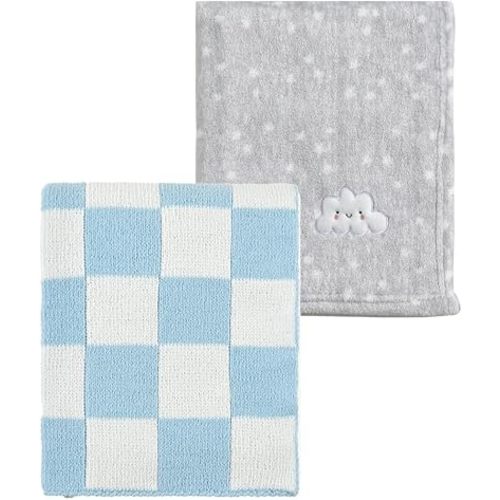 CREVENT 2Pcs 30''X40'' Cute Cozy Fluffy Warm Baby Blankets for Infants Toddlers' Bedding Crib Cot Stroller - Grey Cloud + Knit Checked Blue