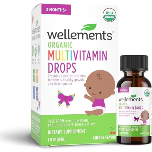Wellements Organic Baby Multivitamin Drops | Liquid Multivitamin for Infants & Toddlers 2 Months+ | Certified Organic, No Artificial Colors or Flavors | Cherry Flavor, 1 Fl Oz. 30 servings