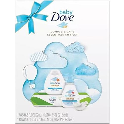 Dove Baby Complete Care Essentials Gift Set - Baby Gift Set with a Dove Baby Body Wash, a Dove Baby Lotion, a Pack of Dove Baby Wipes, and a Dove-Shaped Baby Bath Sponge (4 Piece Set)