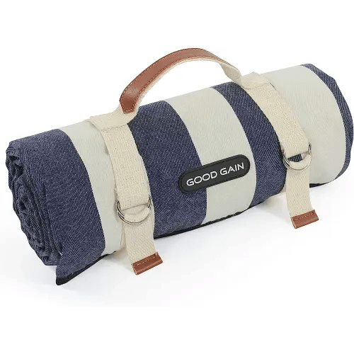 G GOOD GAIN Waterproof Picnic Blanket Portable with Carry Strap for Beach Mat or Family Outdoor Camping Party, Park Blanket for Grass Park, Hiking, Travel, Concerts (Denim Blue)
