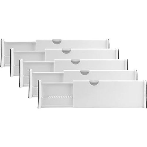 RAPTUROUS Adjustable Drawer Dividers 5 Pack, 4” High, 11-17” Long, Dresser Drawer Divider for Bedroom, Closet, Kitchen, Nursery Organization, Office, Strong & Sturdy Hold, Soft Foam Edges（White）