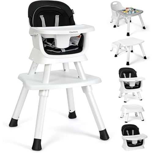 Cowiewie 8 in 1 Baby High Chair Growing with Baby High Chairs for Babies and Toddlers Chair Set Building Block Table Highchair with Safety Harness, Removable Tray (White & Black)